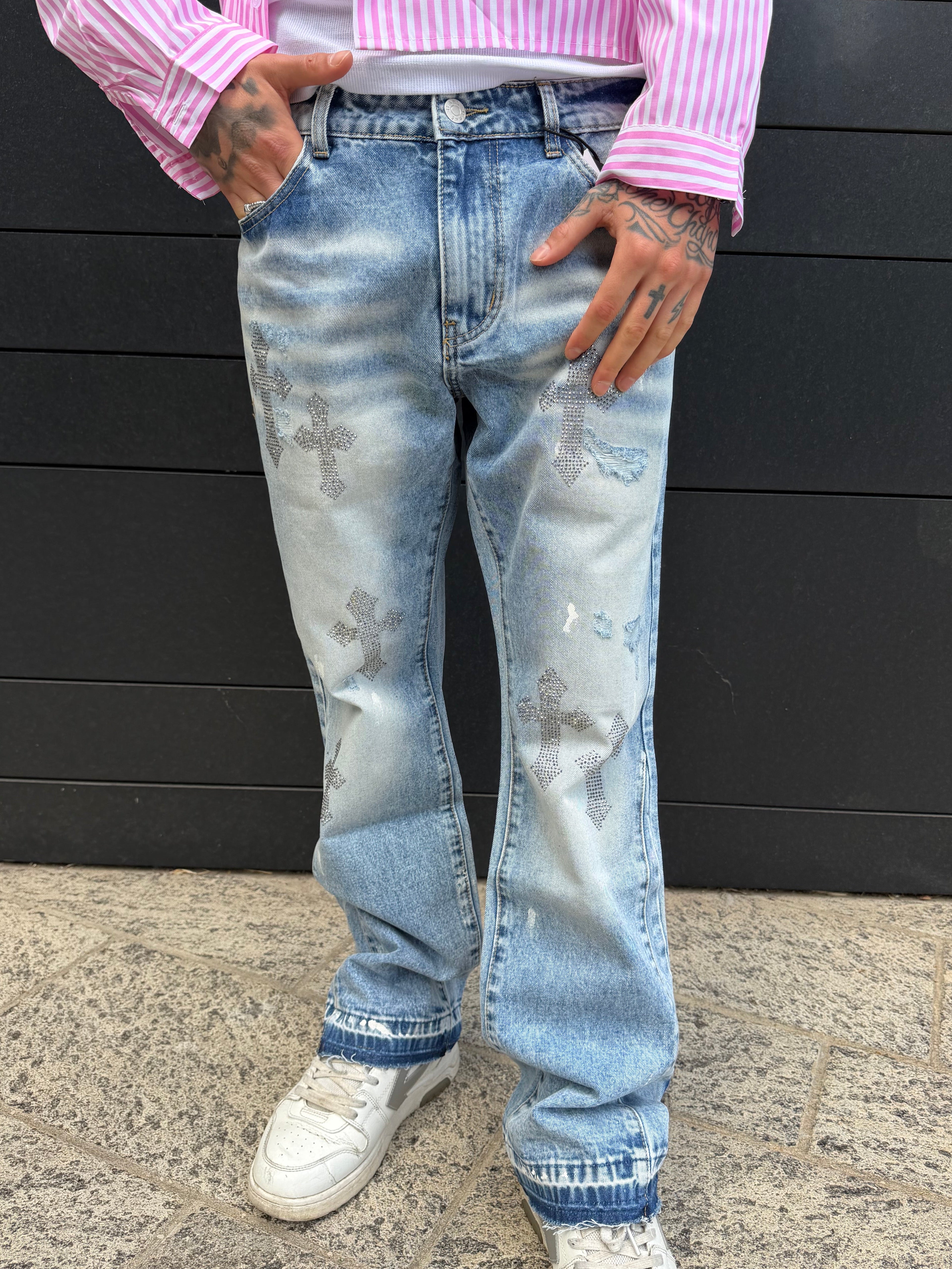 Jeans flare croci strass - denim