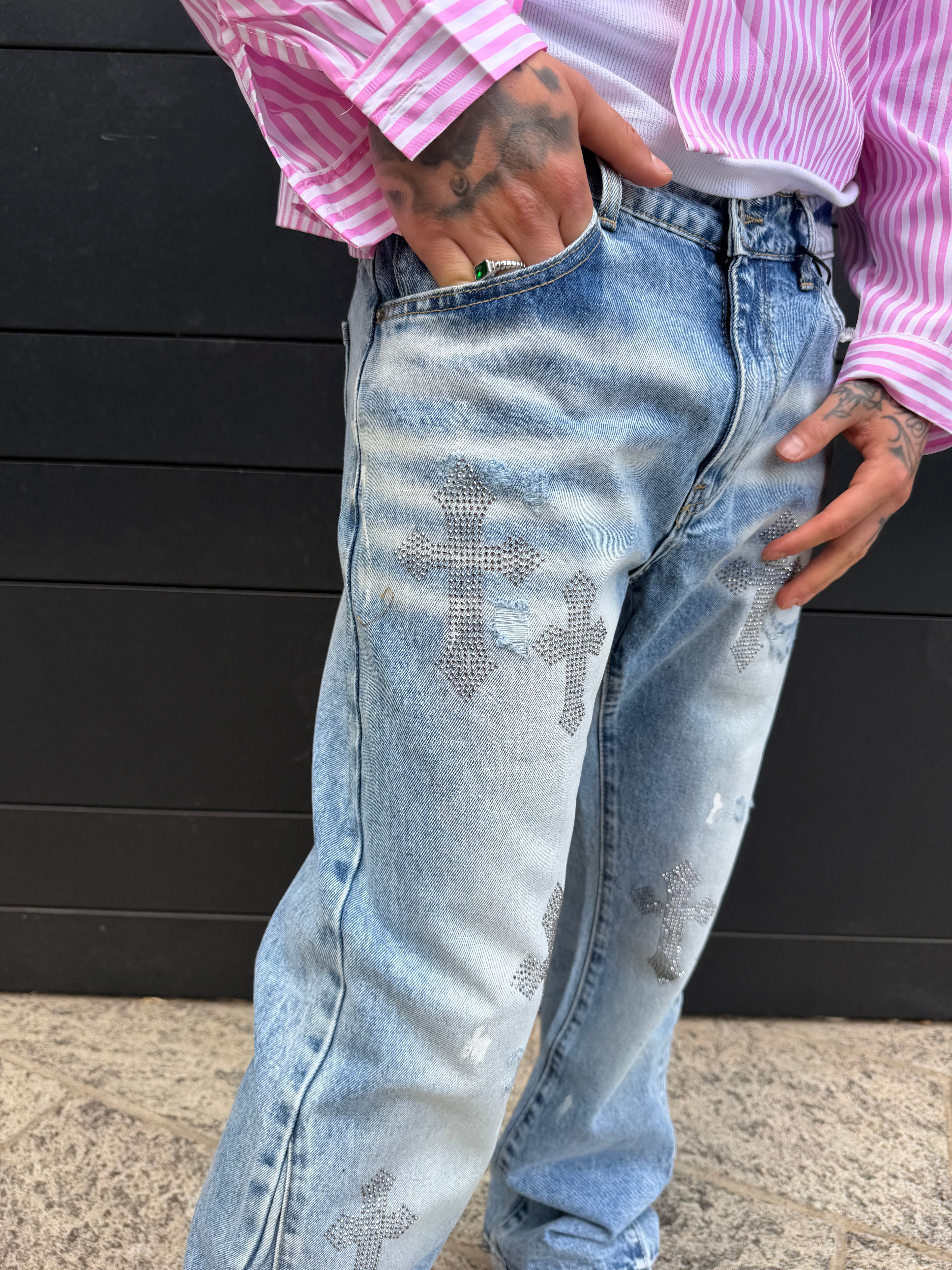 Jeans flare croci strass - denim